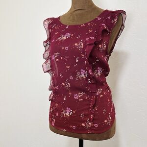 Arizona Women Sheer Red Floral Fairy Top M Ruffle Cottagecore Bloomcore Romantic